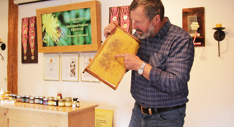Karl Kreiner mit einer Bienenwabe