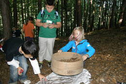 Outdoor Unterricht Kinder sieben den Waldboden